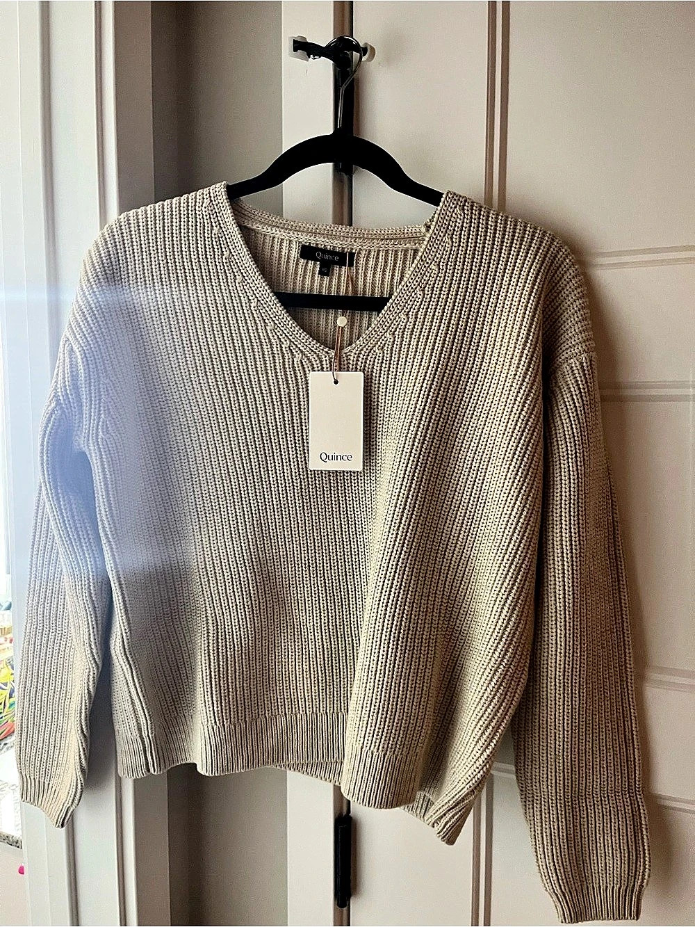 Quince 100% Organic Cotton Fisherman V-Neck Sweater V-Neck Sweater in Beige Size